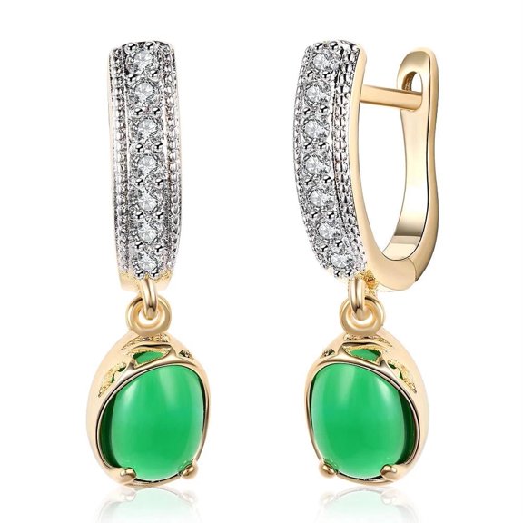 Gold Plated Huggie Hoop Drop Oval Leaf Dangle Earrings AAA Simulated Zircon Green Latch Back Clasp L591