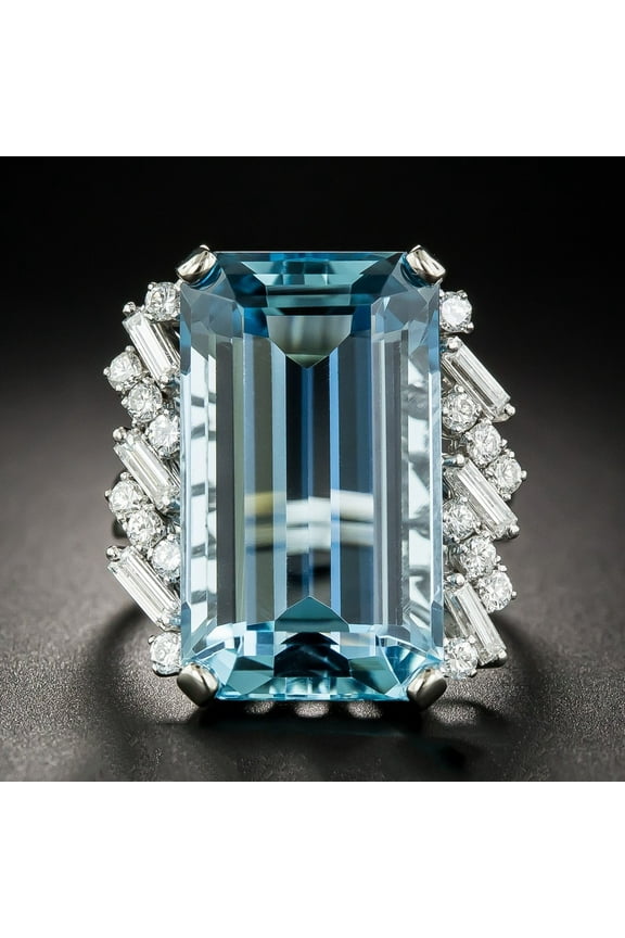 Platinum Plated Emerald Cut Rectangular Simulated Aquamarine Ring Wedding Birthstone Rings for Women