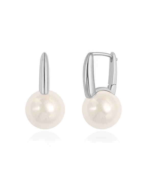Platinum Plated Leverback Hoop Handpicked White Round Shell Pearl Drop Dangle Earring for Women Minimalist Simulated Pearl Ear Jewelry for Wedding Bridesmaids Gift