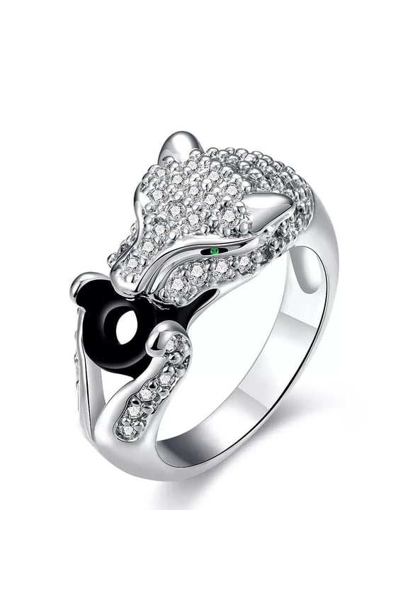 Platinum Plated Ring Women'S Animal Green Eye Black Panther Aaa Zircon B531