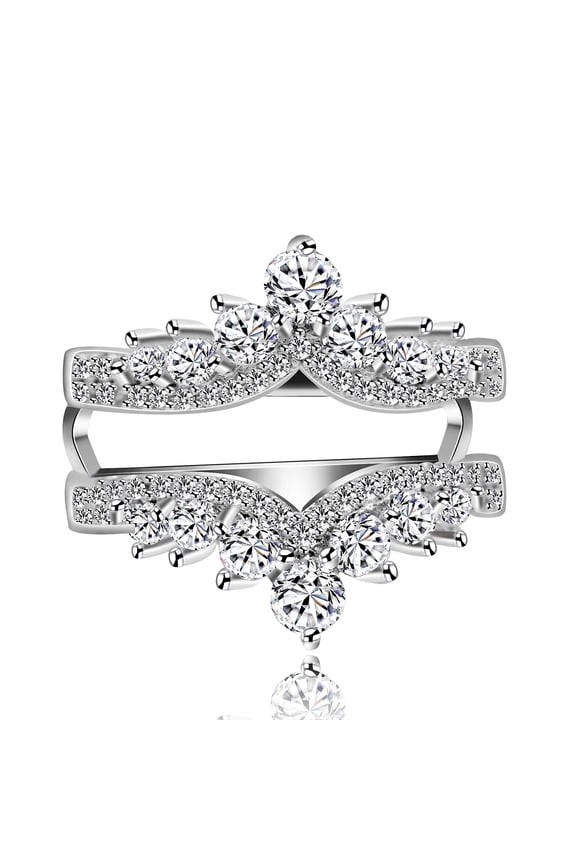 Platinum Plated Round Cubic Zirconia Wedding Ring Guard Enhancer, Double V Band Ring Engagement Rings Enhancer (Size 5)