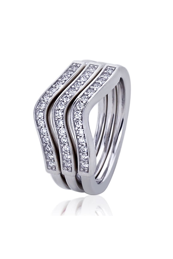 Platinum Plated Sterling Silver 0.5ct CZ Wavy Stackable 3 pcs Together Ladies Ring ( Size 5 to 9 ), 5