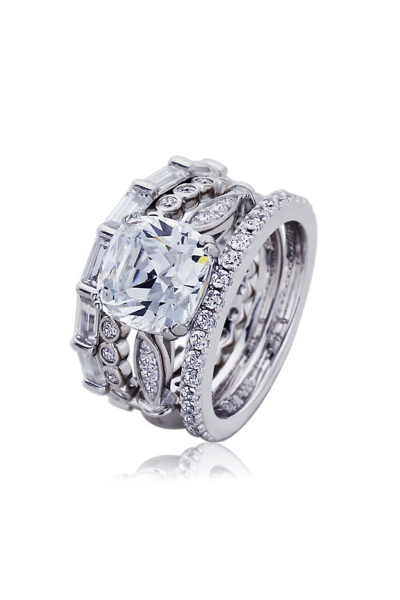 Platinum Plated Sterling Silver 2.7ct Cushion CZ Eternity Band 4 pcs Bridal Ring Set ( Size 5 to 9 ), 8