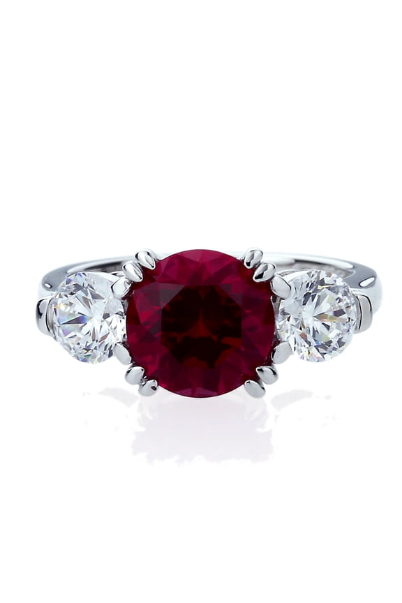 Platinum Plated Sterling Silver 2ct Simulated Ruby CZ 3 Stone Wedding Anniversary Ring ( Size 5 to 9 ), 6