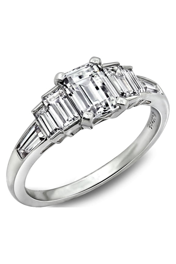Platinum Plated Sterling Silver Cubic Zirconia Emerald Cut & Baguette Ring Size-11