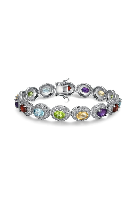 Platinum Plated Sterling Silver Genuine Semi-precoius Multi Gemstone and Diamond Accent Tennis Bracelet,7.25"