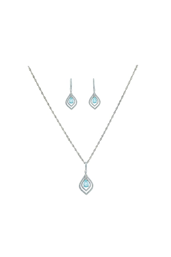 Platinum Plated Teardrop Blue Aquamarine Pendant, Necklace and Earrings Set