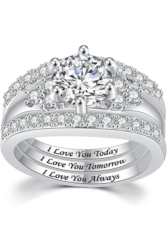 Platinum Plated Three-in-One Wedding Engagement Statement Proposal Valentines Halo Bridal Ring Set