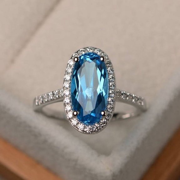 Platinum Plated Vintage Fashion Natural Gemstone Oval Blue Topaz Anniversary Engagement Women's Ring