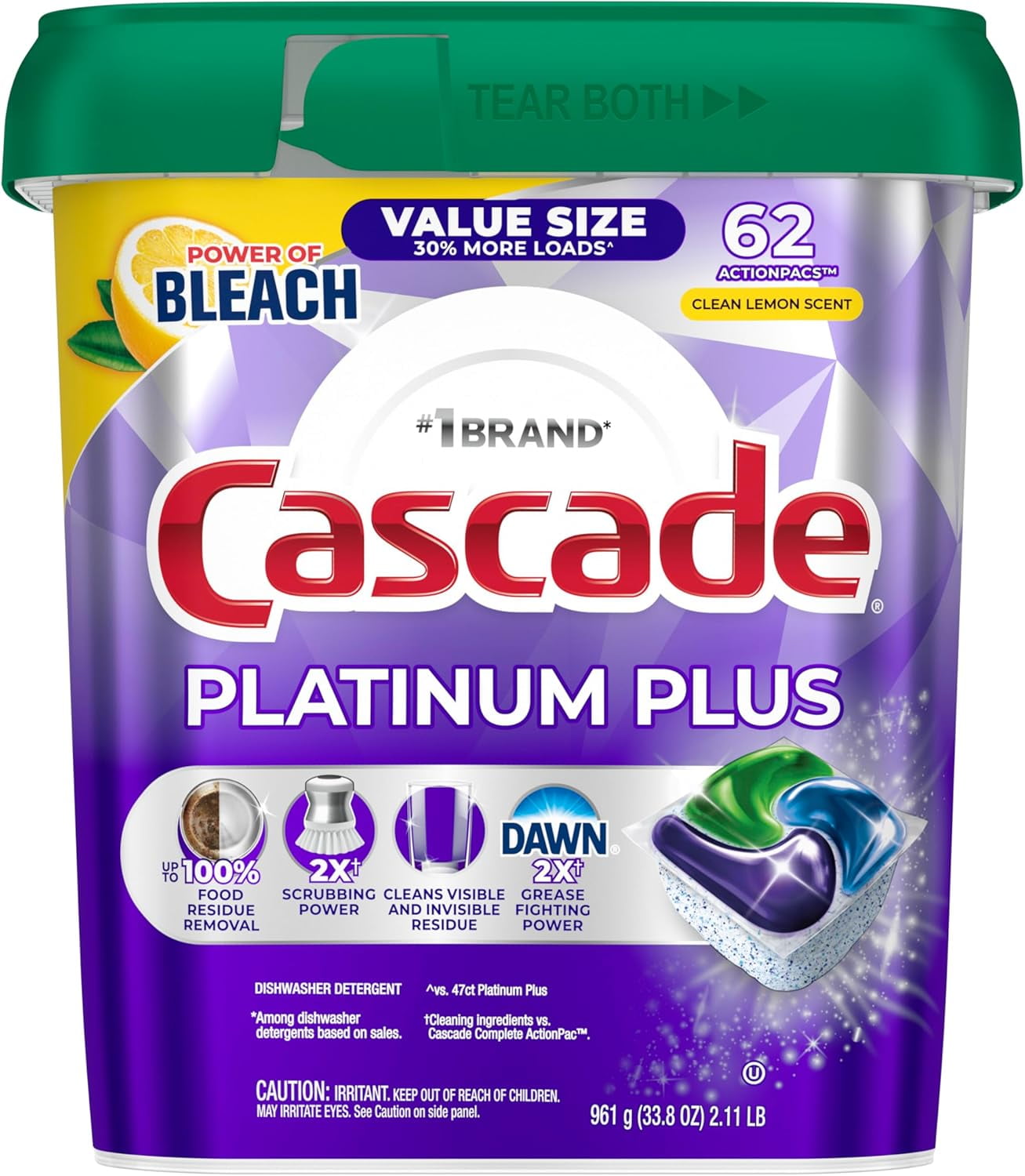 Platinum Plus Dishwasher Pods, Dish Detergent Soap, Clean Lemon Scent, 62 Count
