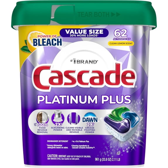 Platinum Plus Dishwasher Pods, Dish Detergent Soap, Clean Lemon Scent, 62 Count