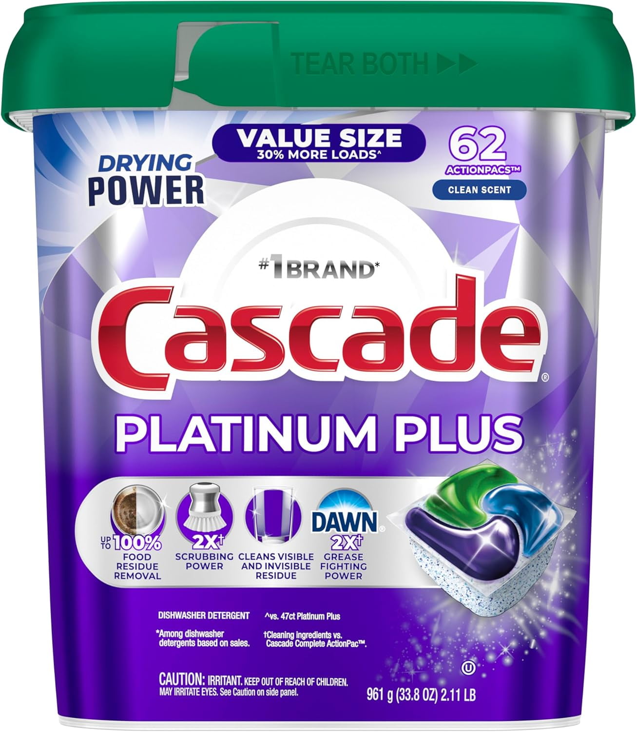 Platinum Plus Dishwasher Pods, Dish Detergent Soap, Clean Scent, 62 Count