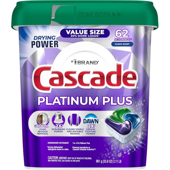 Platinum Plus Dishwasher Pods, Dish Detergent Soap, Clean Scent, 62 Count