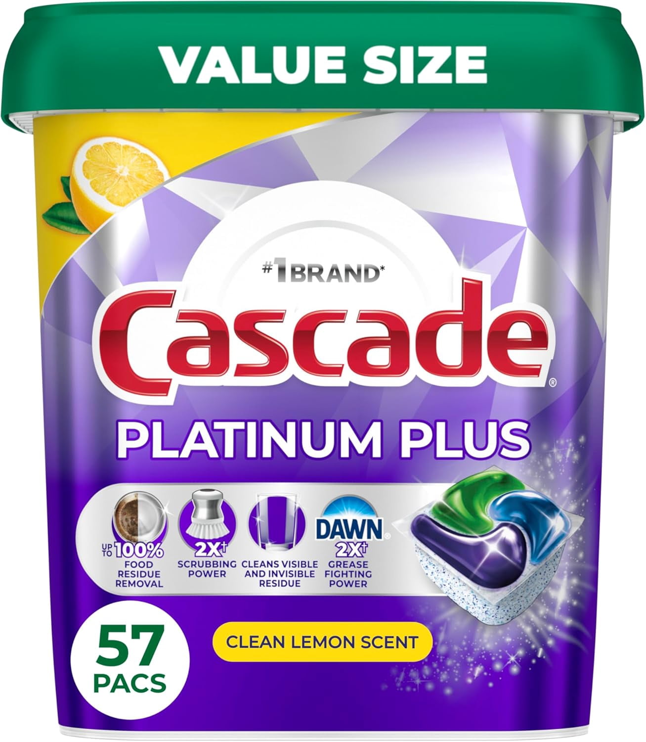 Platinum Plus Dishwasher Pods, Dishwasher Detergent, Dish Detergent Soap, Lemon, 57 Count