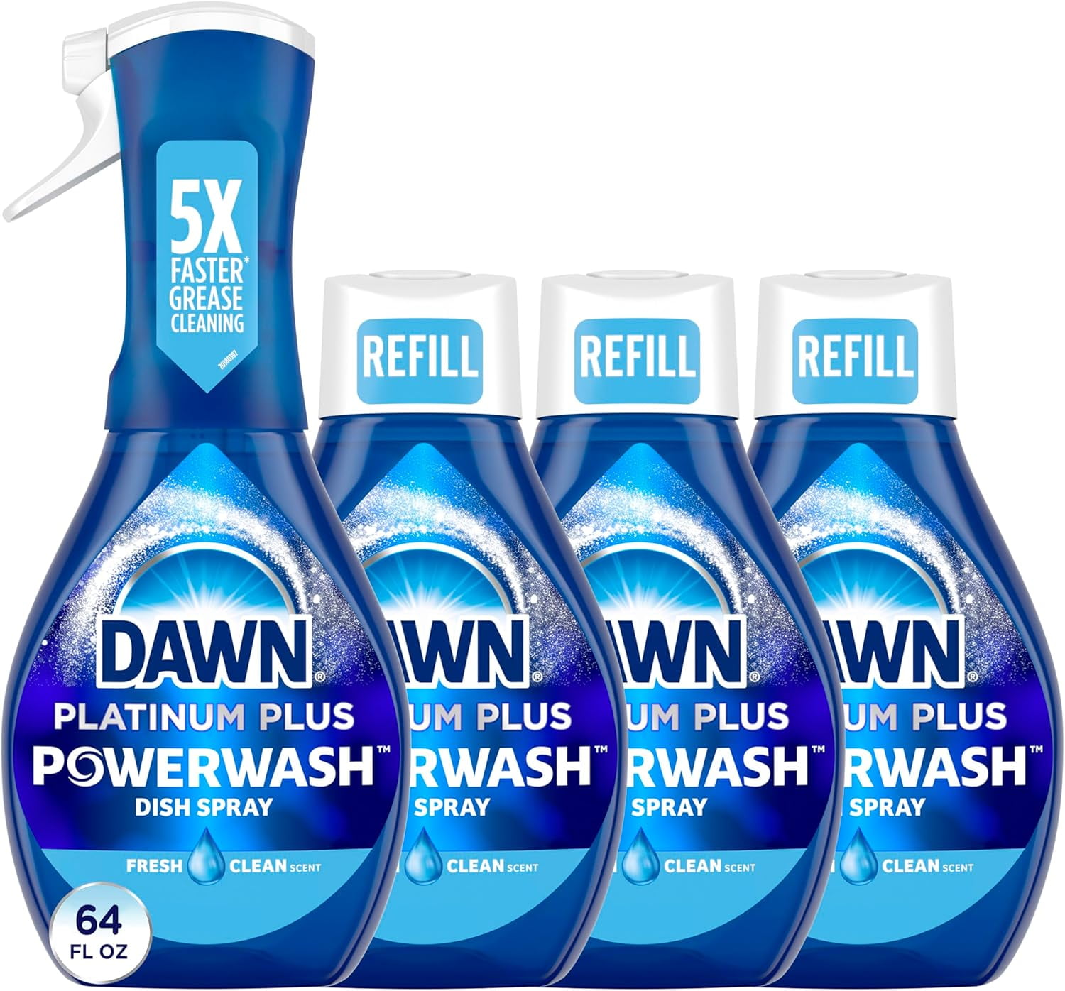 Platinum Powerwash Dish Spray, Dish Soap Liquid, Fresh Scent Bundle, 1 Spray (16oz) + 3 Refills (16oz each)(Pack of 4)