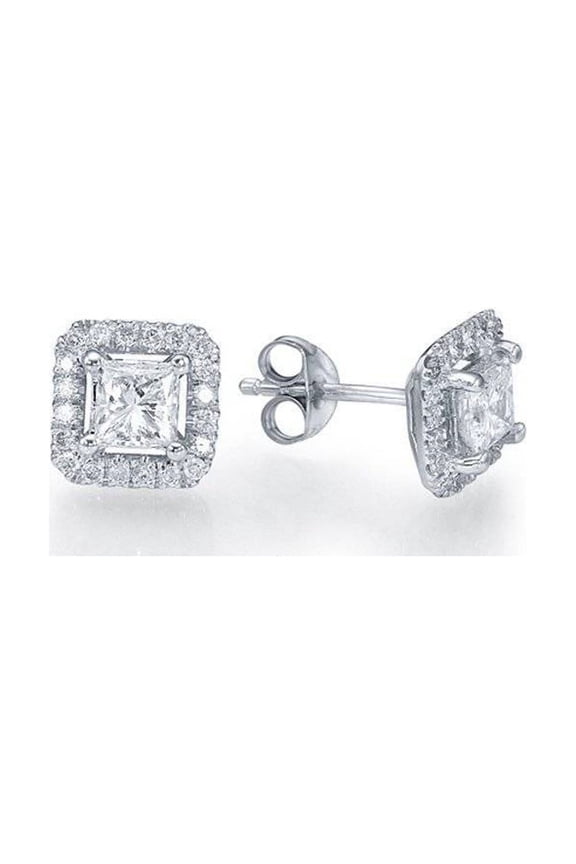 Platinum Princess Cubic Zirconia Halo Stud Earrings Plated