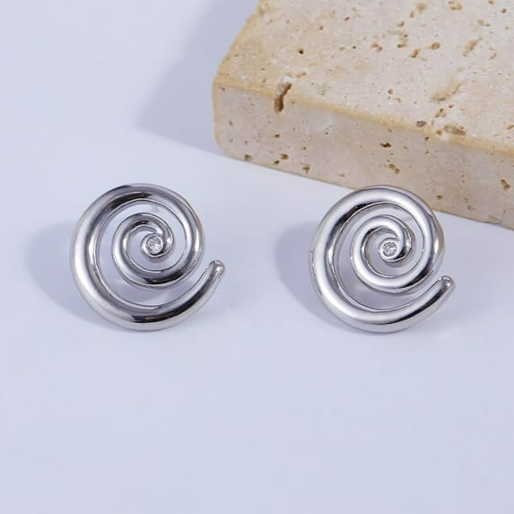 Platinum Rotating Thread Stud Earrings Brass Minimalist Geometric Vintage 19.1x20.2mm for Men Women