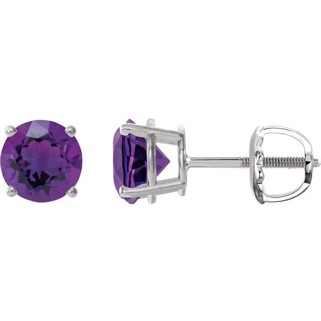 Platinum Round 7 Mm Threaded 4-Prong Natural Amethyst Stud Earrings
