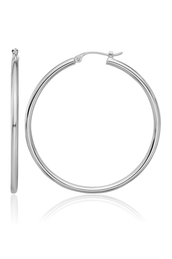 Platinum Large Round Hoop Earrings - 35mm 1-3/8 inch - Snap Back, Polished Women's
