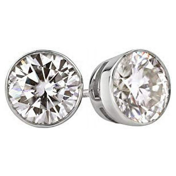 Platinum Round Moissanite Stud Earrings (2ct TGW, 6.5mm, J-K)Bezel-set, Push-Back by Diamond Wish