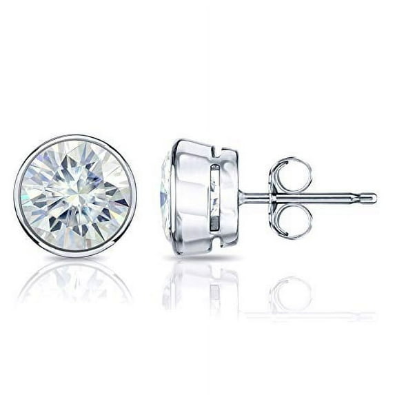 Platinum Round Moissanite Stud Earrings (3ct TGW, 7.5mm, J-K)Bezel-set, Push-Back by Diamond Wish