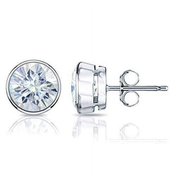 Platinum Round Moissanite Stud Earrings (4ct TGW, 8.5mm, H-I)Bezel-set, Push-Back by Diamond Wish