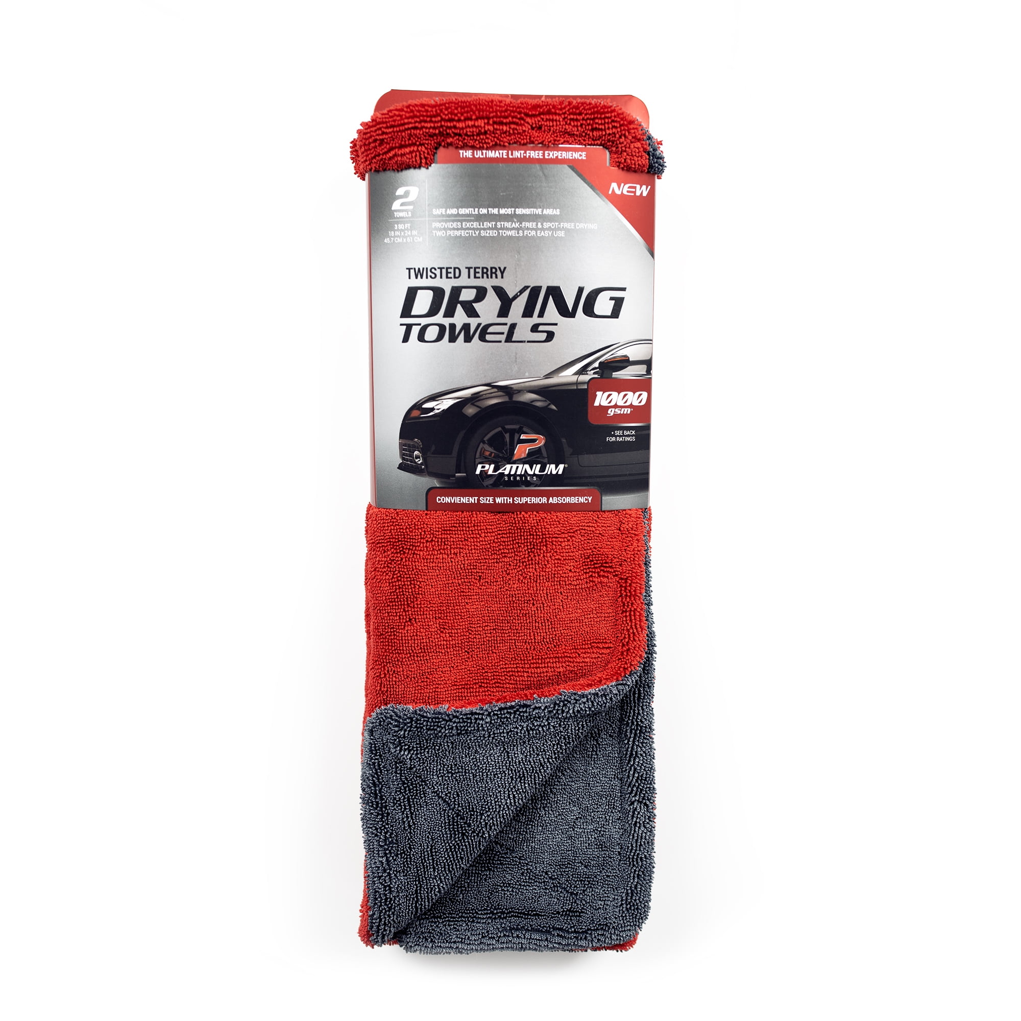 Platinum Series Twisted Terry Super Absorbent Car Drying Cleaning Towel, 2 Count, Red, Gray