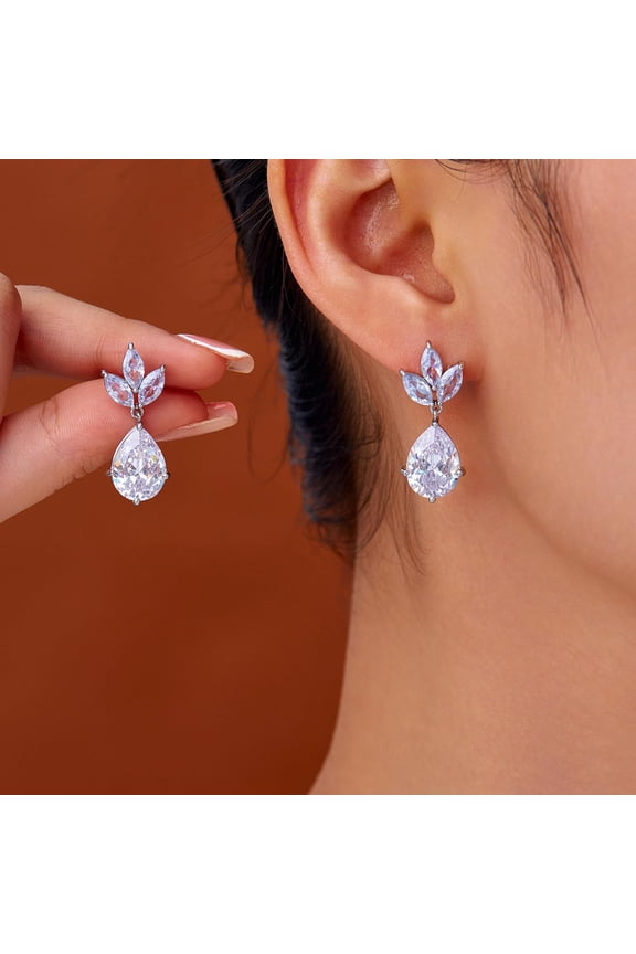 Platinum Teardrop Stud Earrings Brass Micro Pave Clear Cubic Zirconia for Women Making DIY