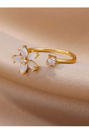 Platinum Tone Adjustable Ring With White Agate Flower And Cubic Zirconia, Elegant Daily Wear Accessory