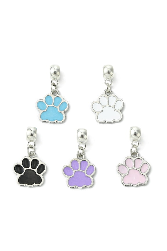 Platinum Tone Alloy Enamel European Dangle Charms Dog Paw Print Large Hole Pendants Mixed Color 29mm Hole: 5mm