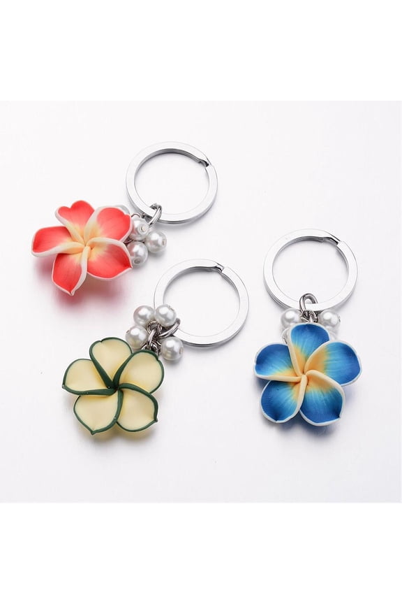 Platinum Tone Iron Keychain with Handmade Polymer Clay Flower and Pearlized Glass Beads Mixed Color 81mm