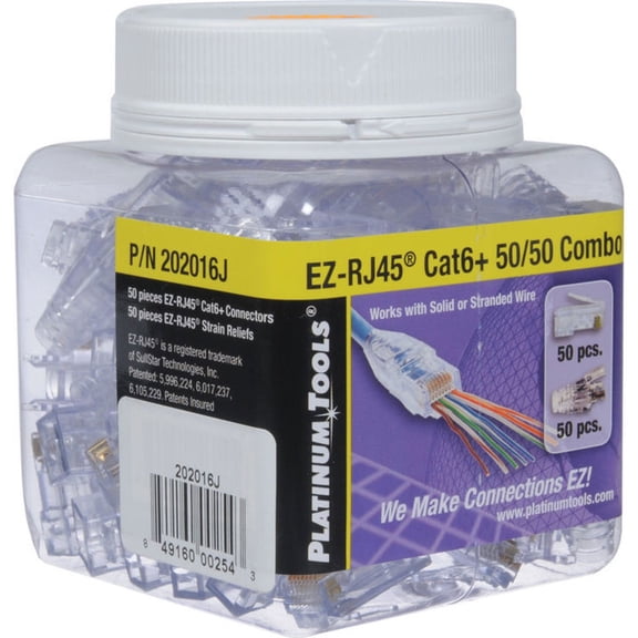 Platinum Tools EZ-RJ45 Cat 6 Connectors and Strain Relief Combo Kit, Jar of 100 (50 Connectors/50 Strain Relief)