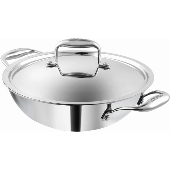 Platinum Triply Stainless Steel Kadai | Suitable For Indian Cooking, Sauces, Stews, Soups | Extra Deep Kadai With Lid | Induction, Electric Friendly (26cm)
