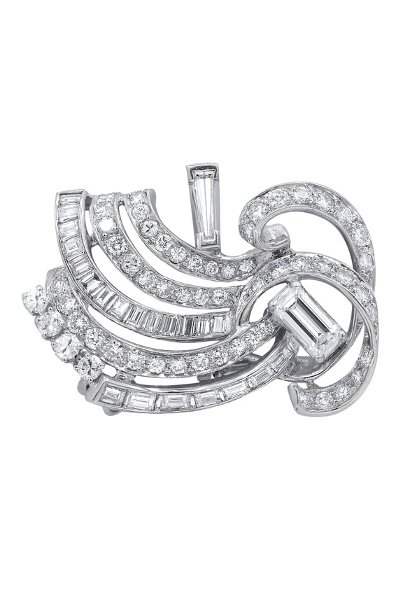 Platinum Diamond Brooch Adorned With 5.15 Cts Tw Of Baguette Cut And Round Diamonds In A Wind-Like Design