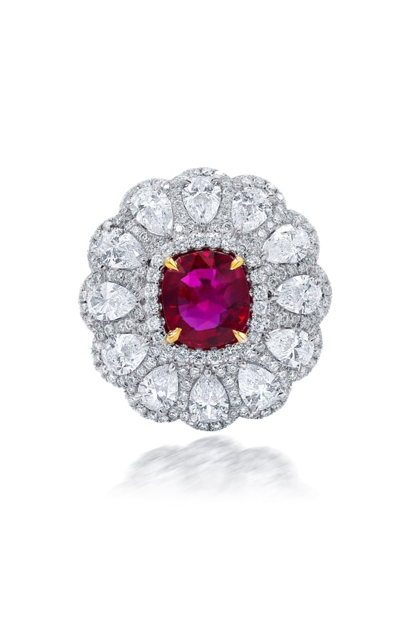 Platinum 3.00 Cts Ruby and 4.20 Diamond Flower Ring