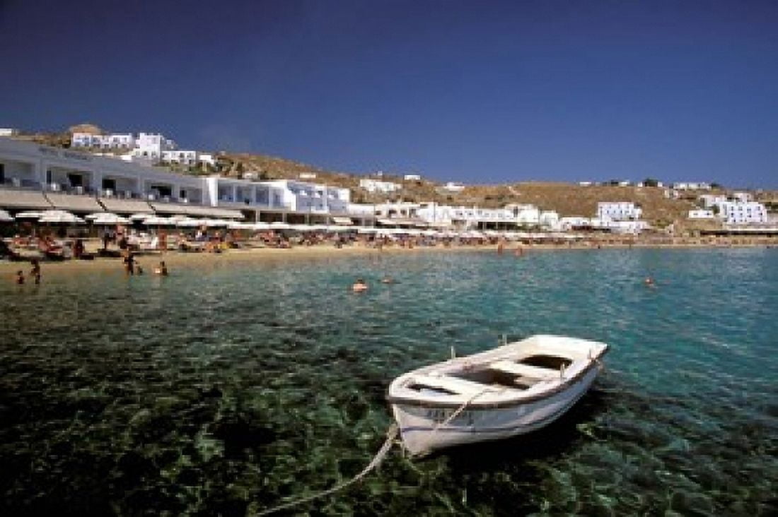 Platis Gialos Beach Mykonos Cyclades Islands Greece Canvas Art - Walter Bibikow DanitaDelimont (35 x 24)