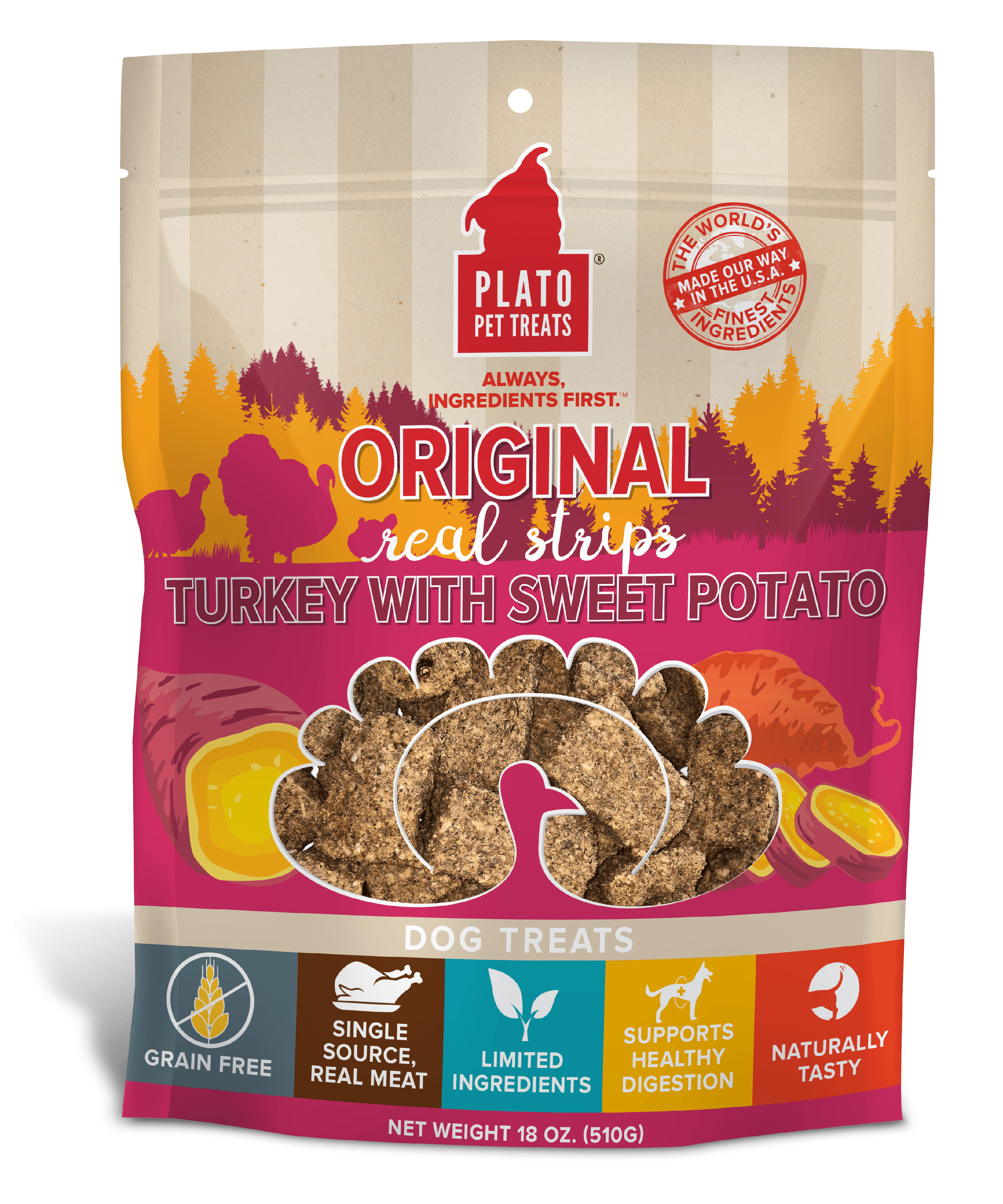 Plato Original Real Strips Turkey & Sweet Potato Grain-Free Dog Treats, 18 Oz.