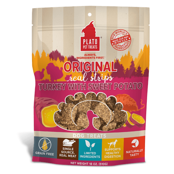 Plato Original Real Strips Turkey & Sweet Potato Grain-Free Dog Treats, 18 Oz.