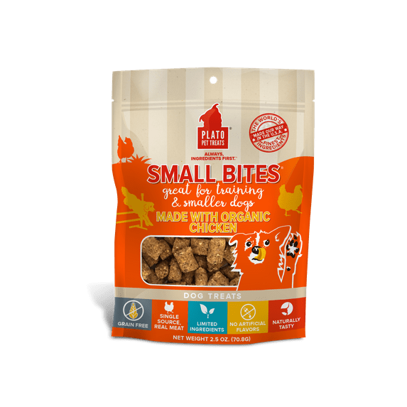 Plato Pet Treats Small Bites Organic Chicken Grain-Free Dog Treats, 2.5 Ounce