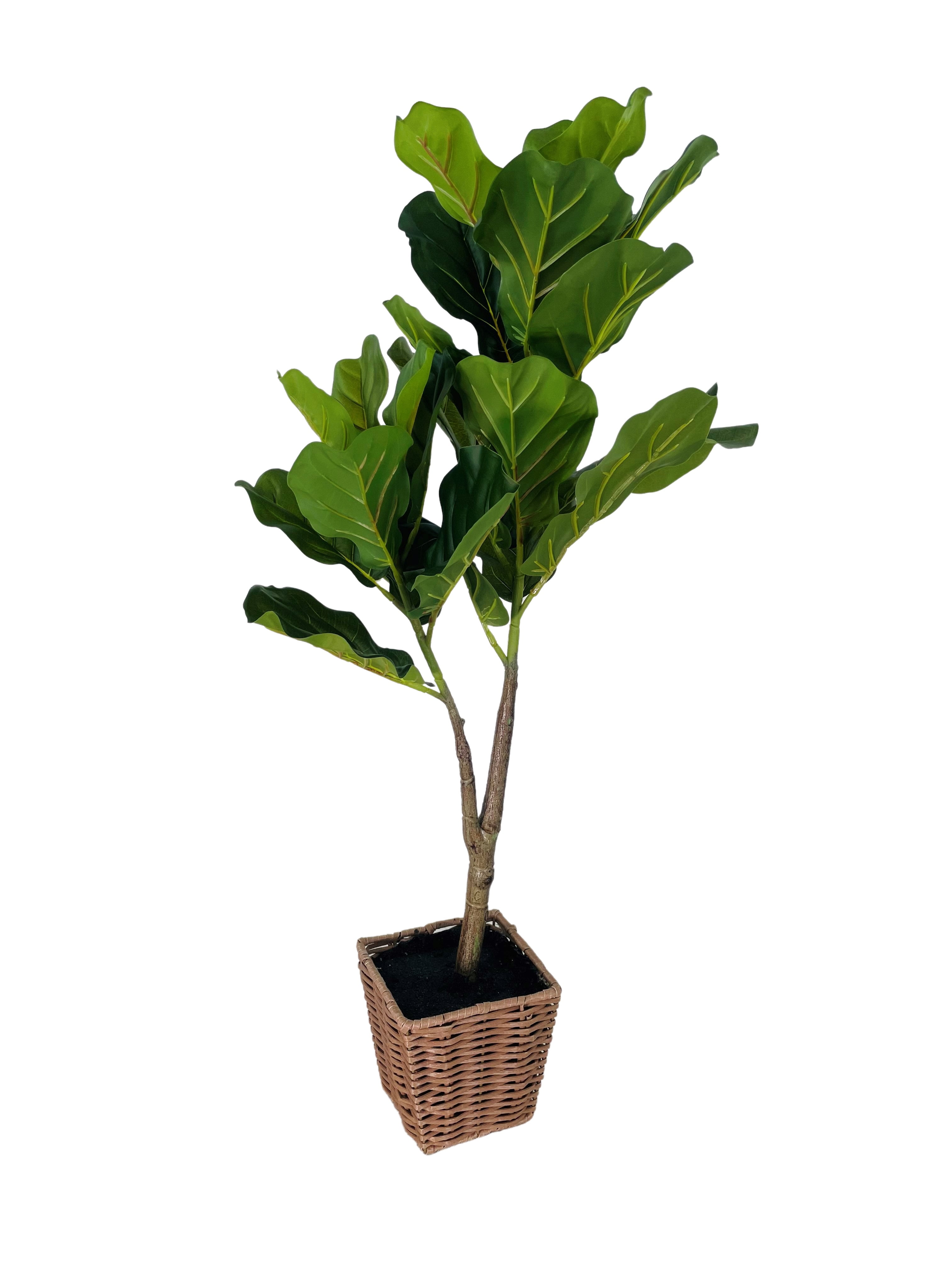 36" Green Plastic Fiddle Leaf Fig Topiary in Faux Wicker Basket