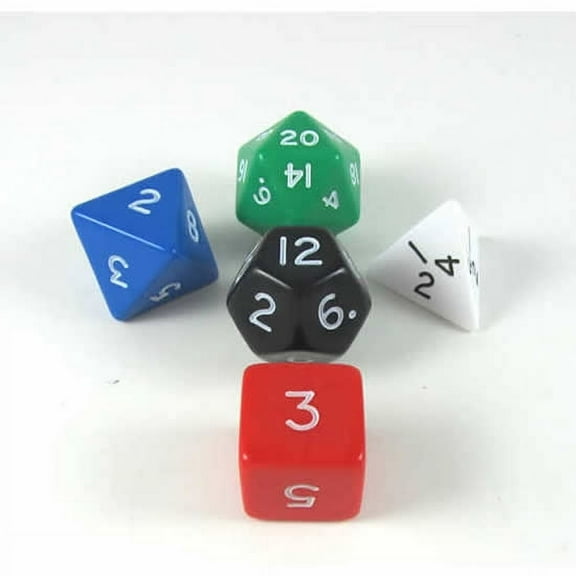 Platonic Jumbo Dice Assorted Colors with Numbers 24mm (15/16in) Set of 5 Koplow Games
