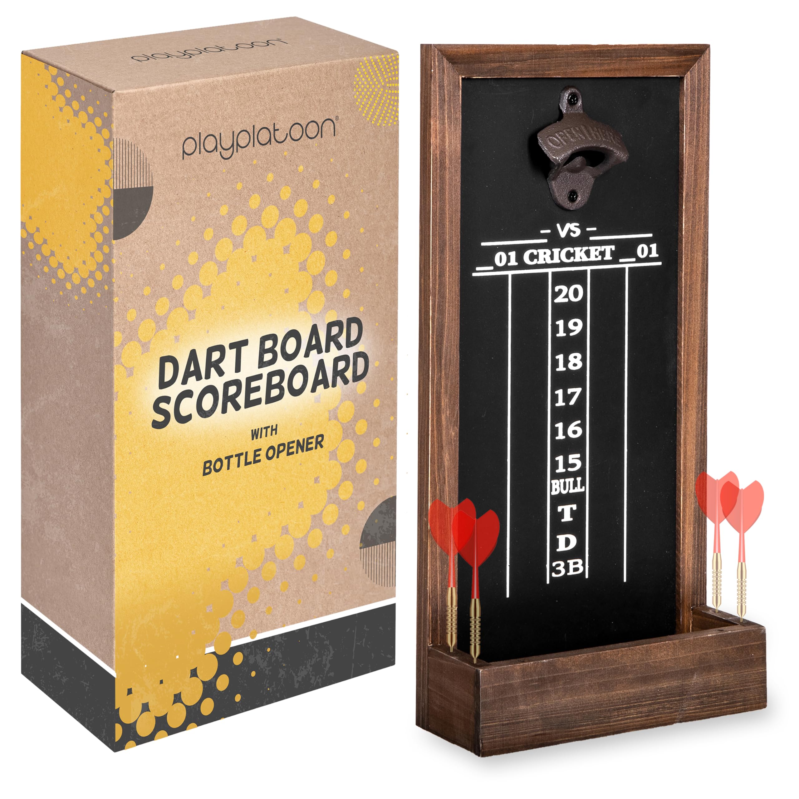 Platoon Dart Scoreboard & Holder Wall Mount with Bottle Opener - Wood Chalkboard Dart Board Game Room Accessories & Decor for Man Cave Dartboard Cabinet, Storage