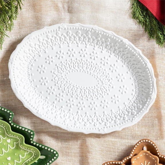 Platter Embossed Ceramic Serving Platter, 14"L x 9"W