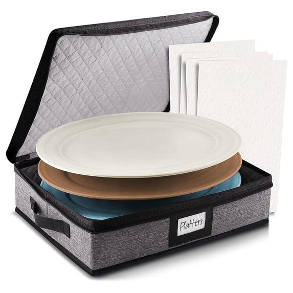 Platter Storage Case – Fine China Storage Containers Hard Shell, Quilted and Stackable 16”x 12.5”x 3.5” Platter Storage Container with Zipper, Handles and Felt Dividers for Moving and Seasonal Storage