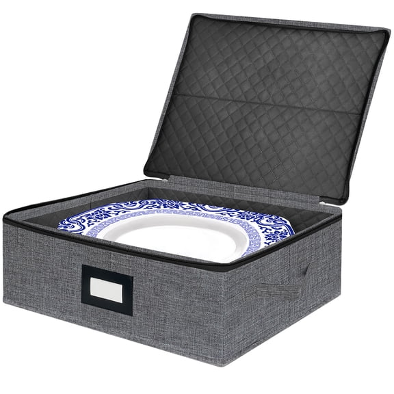 Platter Storage Case - Stackable China Storage Containers Hard Shell with Durable Zipper & Label & Sturdy Handles, 5.3 Height, Structured Top, 4 Felt Dividers Included (Dark Gray)