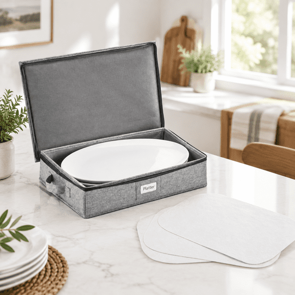 Platter Storage Hard Shell Stackable Organizer Fits 4 Serving Platters With Felt Dividers