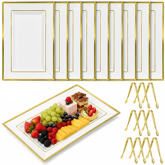 20 Pcs White & Gold Serving Platters Set, 10 Pack 12.8 x 8.3 in Rectangle Plastic Serving Trays with 10 Gold Tongs, Disposable Party Trays for Weddings, Dessert Tables, Buffet Catering
