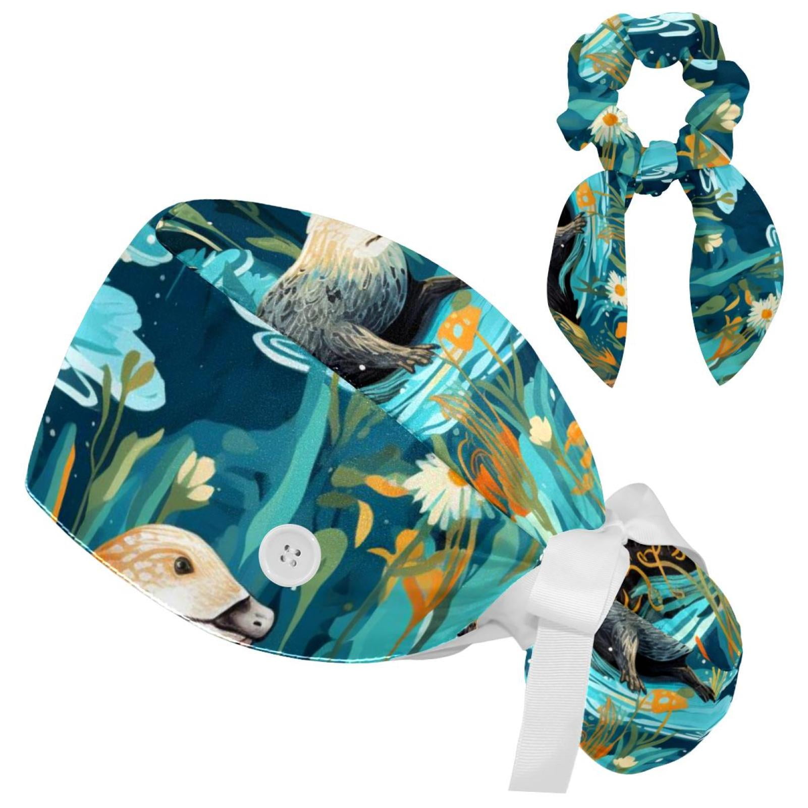 Pink Pug Dog Working Cap With Buttons & Hair Scrunchy - Surgical Scrub Cap For Women With Long Hair