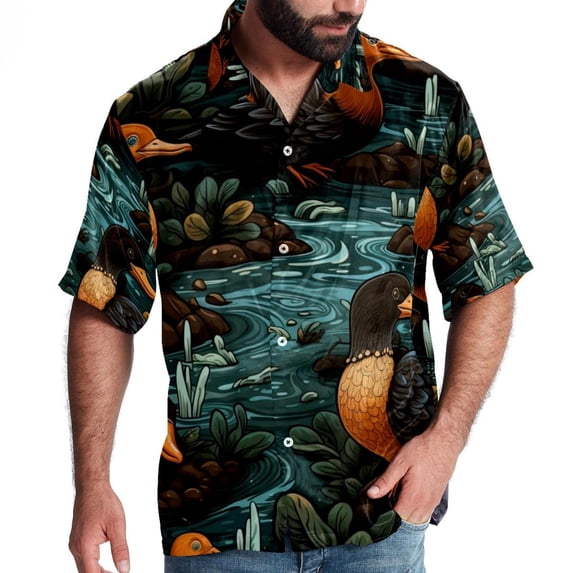 Platypus Men's Casual Poplin Button Down Short Sleeve Hawaiian Beach Shirt