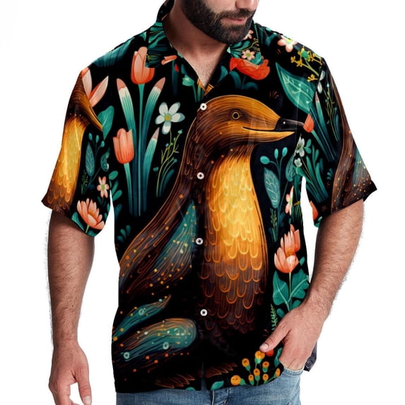 Platypus Men's Poplin Shirt, Casual Short Sleeve Printed Button Down Summer Beach Unisex Shirts